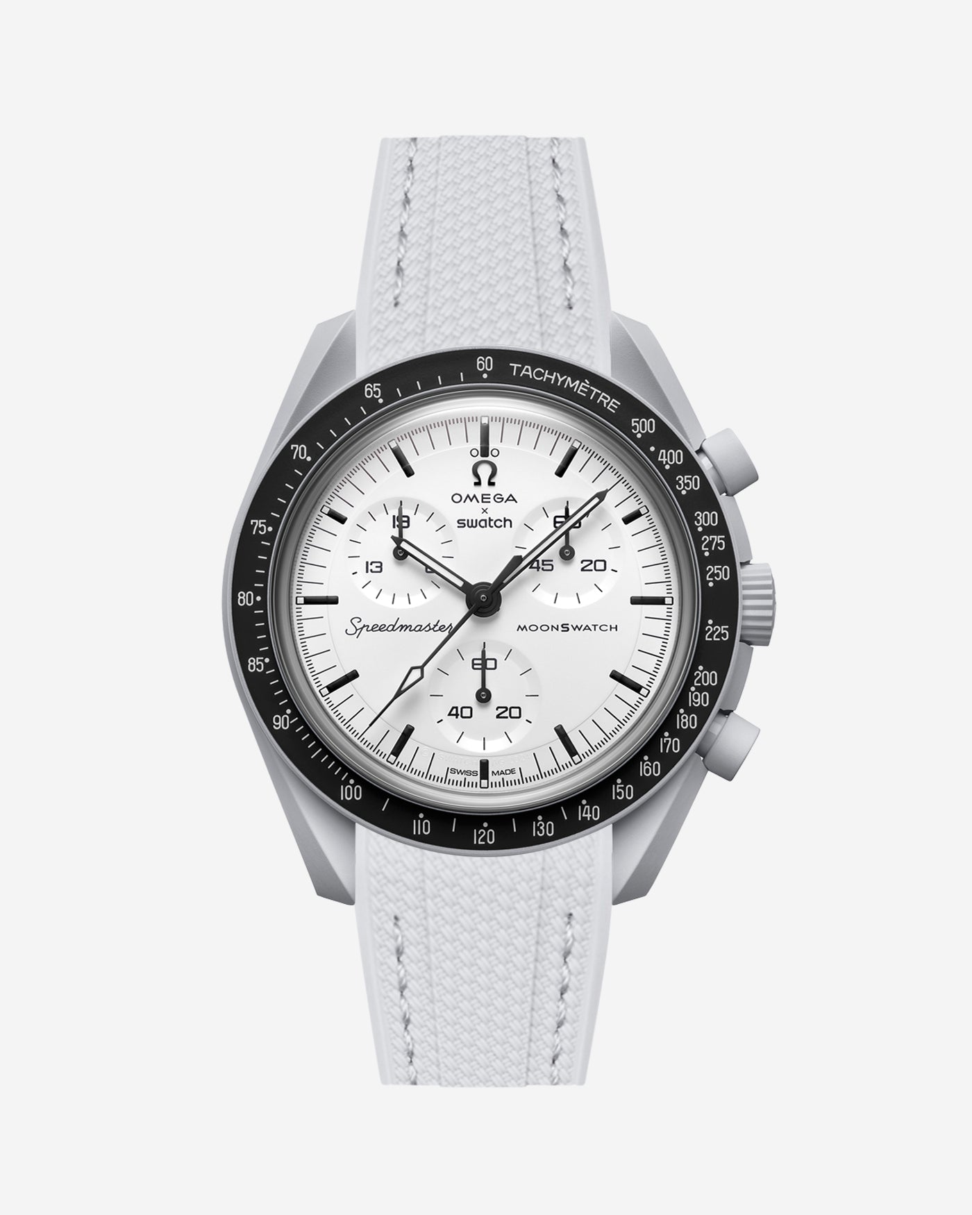 Omega X Swatch MoonSwatch 1965 watch with grey strap and white face on a light gray background