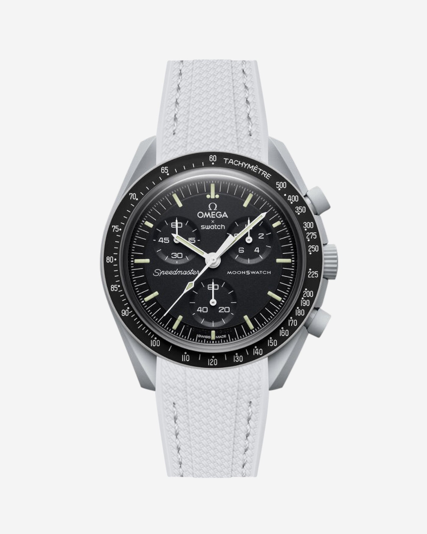 Omega watch with a white strap on a white background
