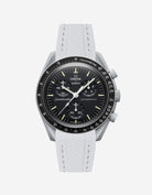 Omega watch with a white strap on a white background