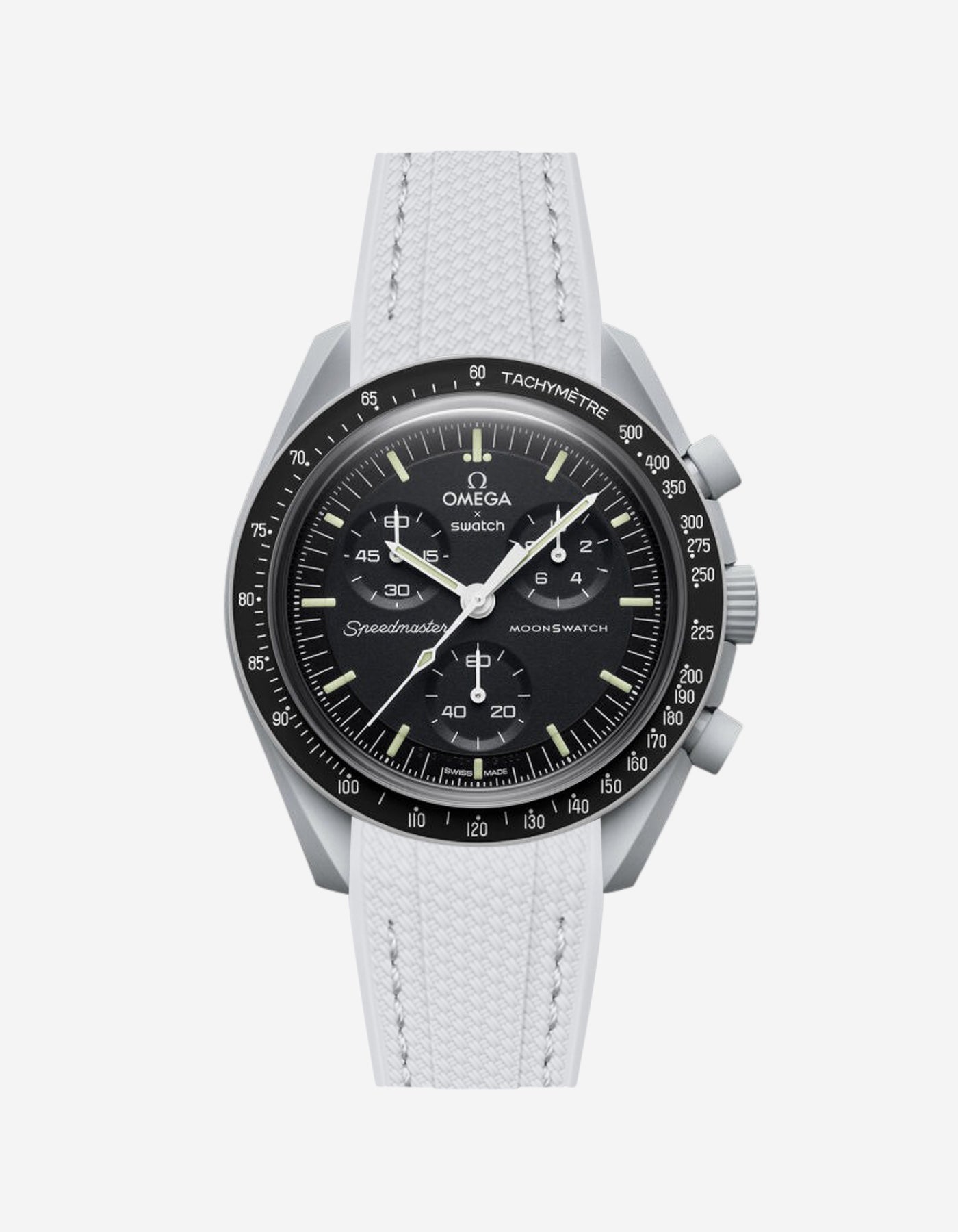Omega watch with a white strap on a white background