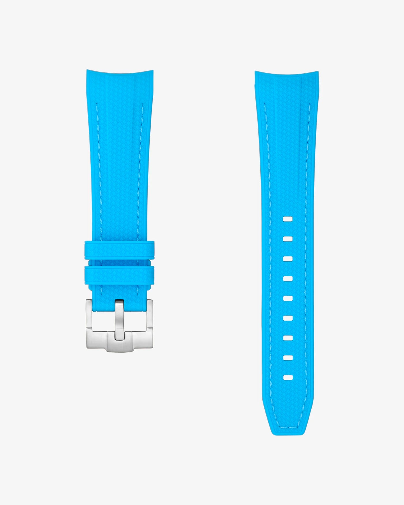 Vertech Lagoon Blue rubber strap for Blancpain X Swatch with brushed silver clasp shown flat front and back