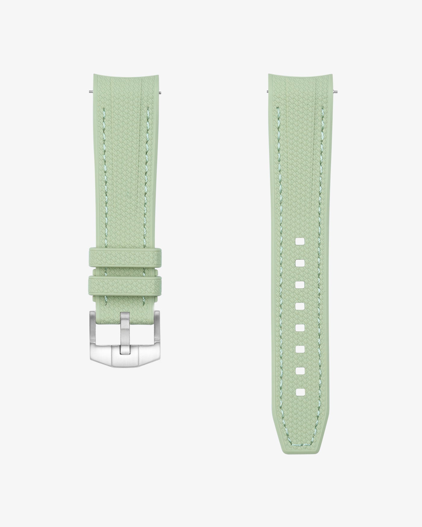 mint vertech rubber watch strap with silver buckle on a white background