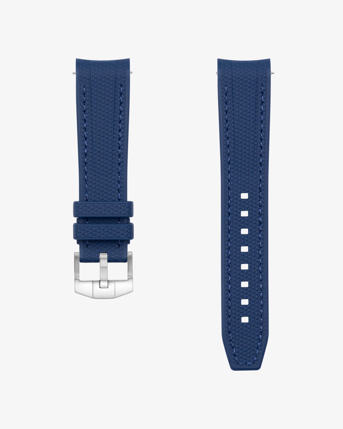 navy Blue vertech rubber watch strap with silver buckle on a white background