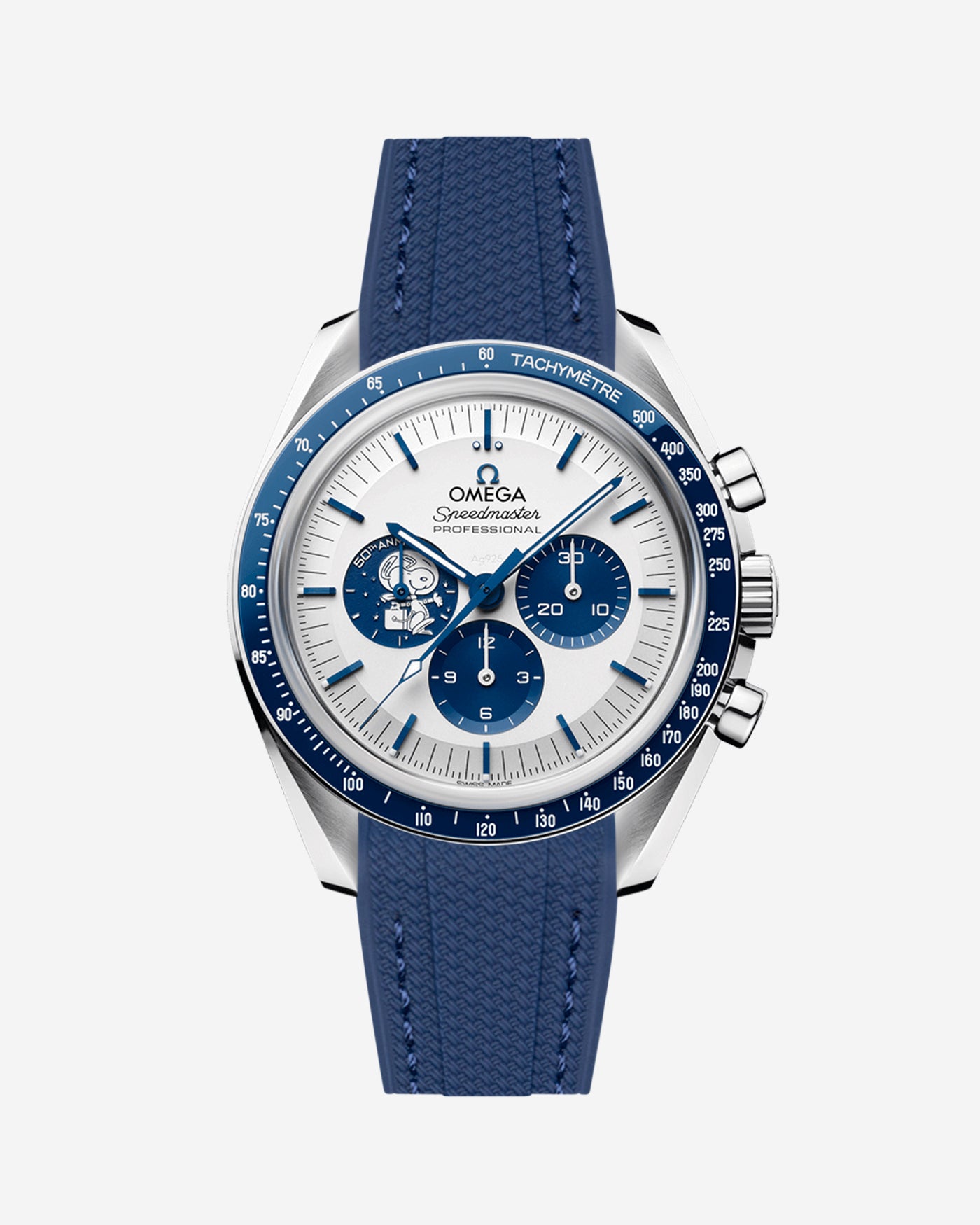 Omega Speedmaster Snoopy watch with blue vertech rubber watch strap and face on a white background