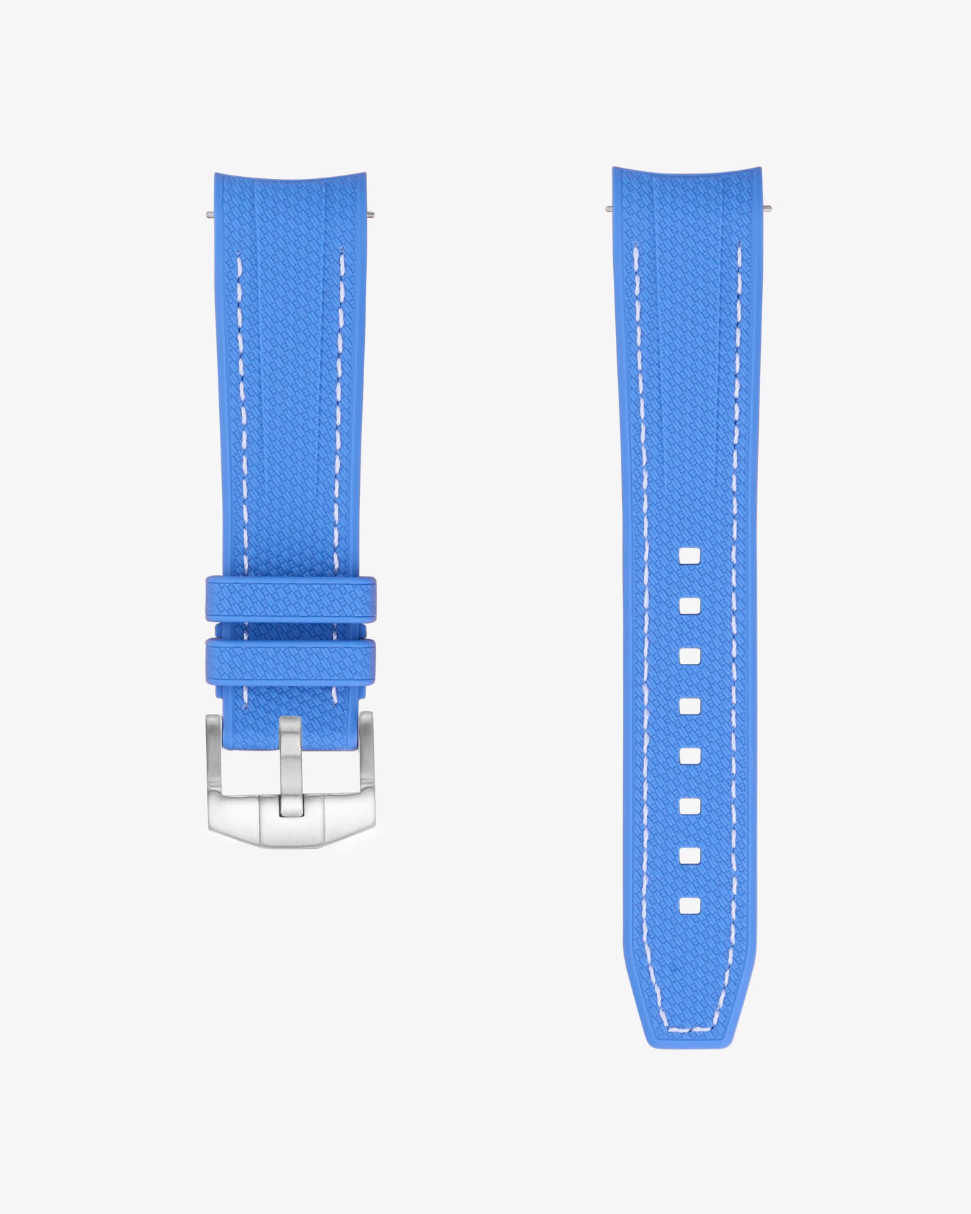 neptune Blue vertech rubber watch strap with white stitching on a white background