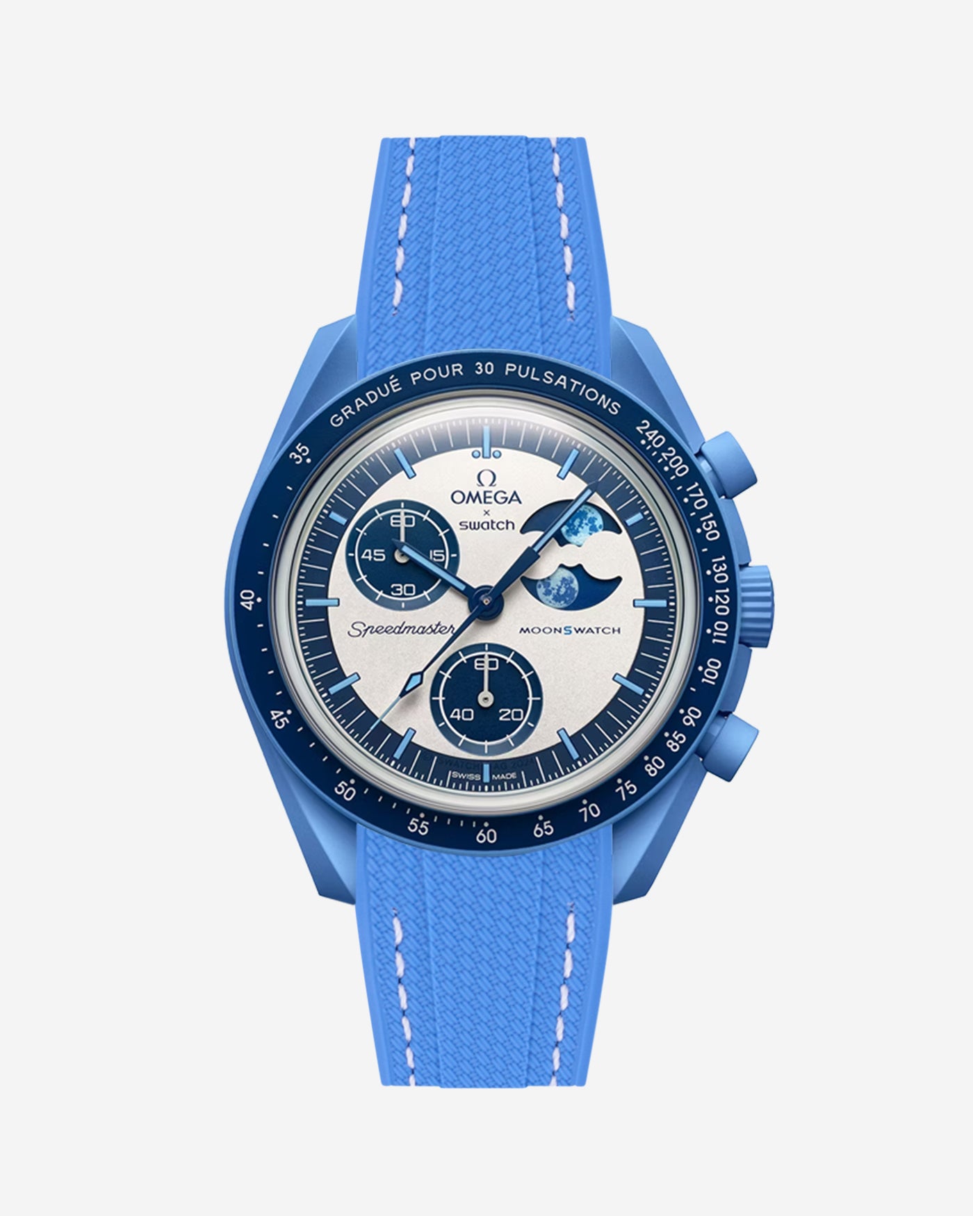 Blue Omega X Swatch MoonSwatch Mission to the Super Blue Moonphase with a neptune blue vertech rubber watch strap and a with detailed face on a white background