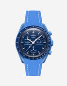 Omega X Swatch Neptune watch with a neptune vertech rubber watch strap and detailed face on a white background