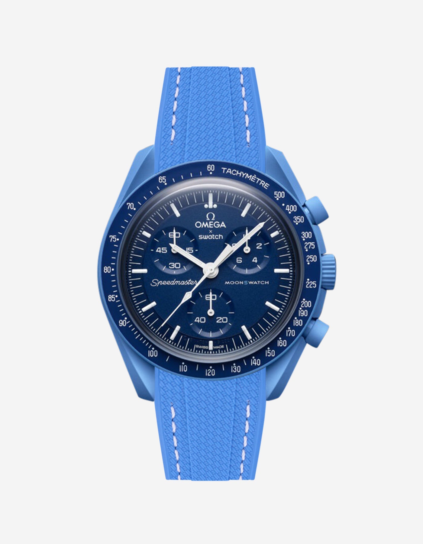 Omega X Swatch Neptune watch with a neptune vertech rubber watch strap and detailed face on a white background