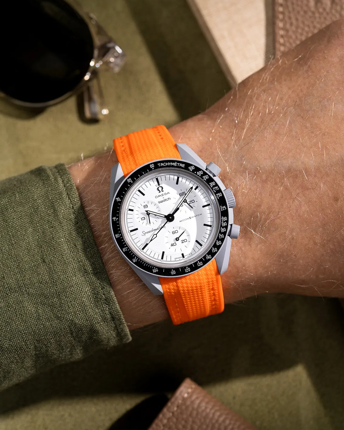 Orange curved Vertech rubber strap on Omega X Swatch MoonSwatch Mission to 1965 – designed for all MoonSwatch models