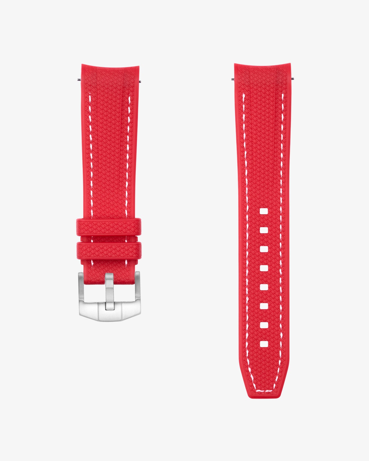 Red vertech rubber watch strap with white stitching on a white background