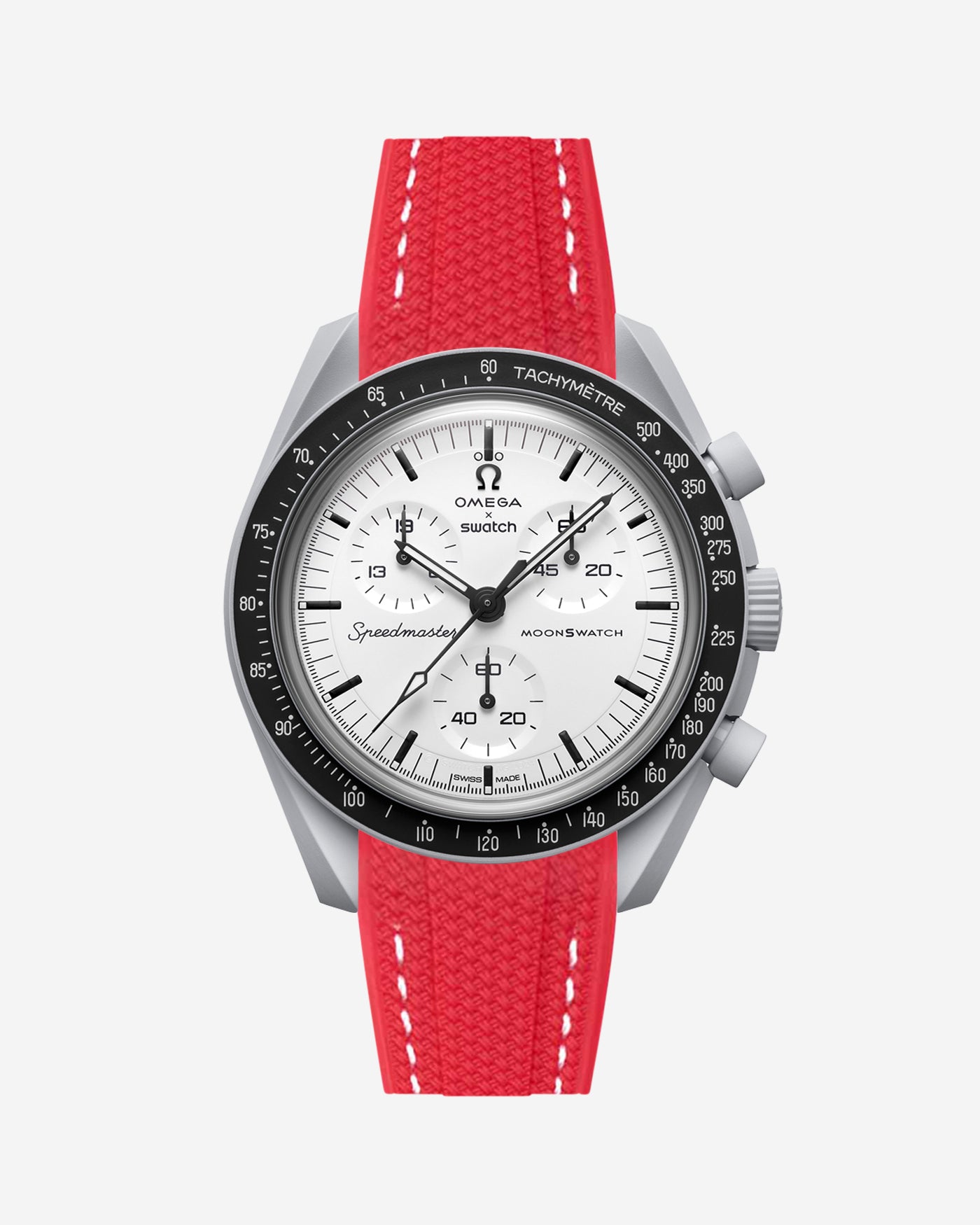 Omega X Swatch MoonSwatch 1965 watch with red strap and white face on a light gray background