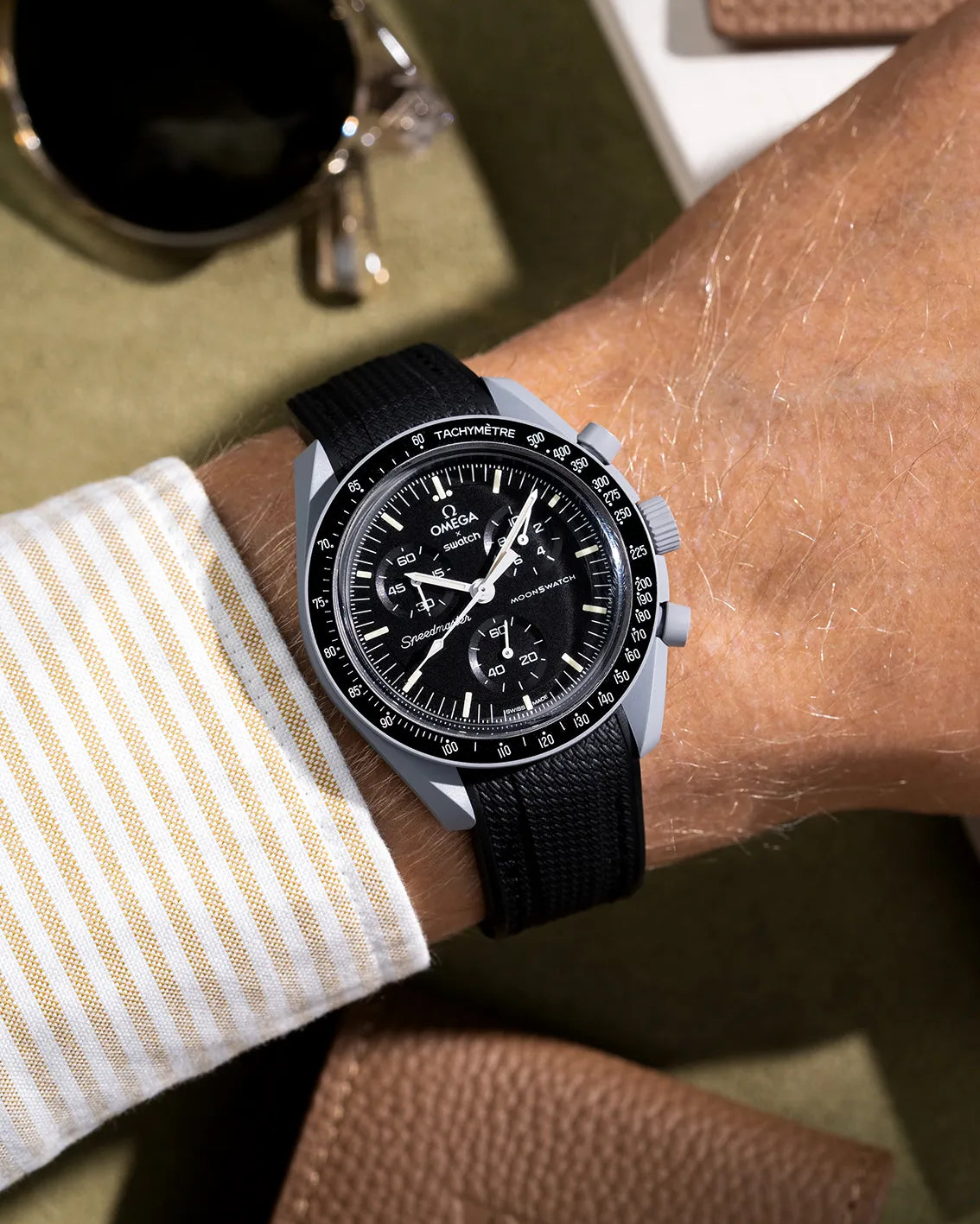 Black Vertech rubber strap for all MoonSwatch models – wrist shot on MoonSwatch Mission to the Moon