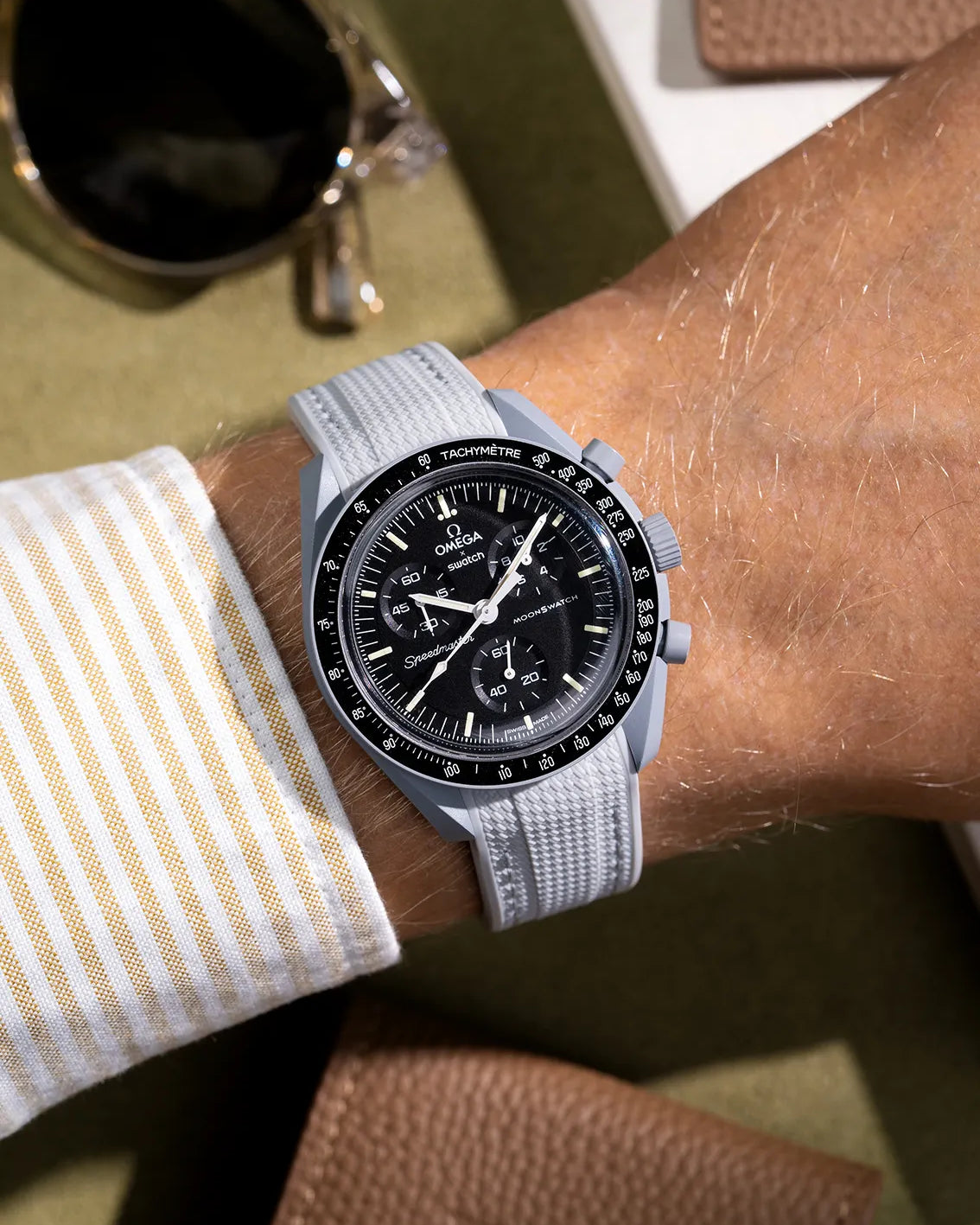 Grey Curved vertech rubber strap for all MoonSwatch models – wrist shot on MoonSwatch Mission to the Moon
