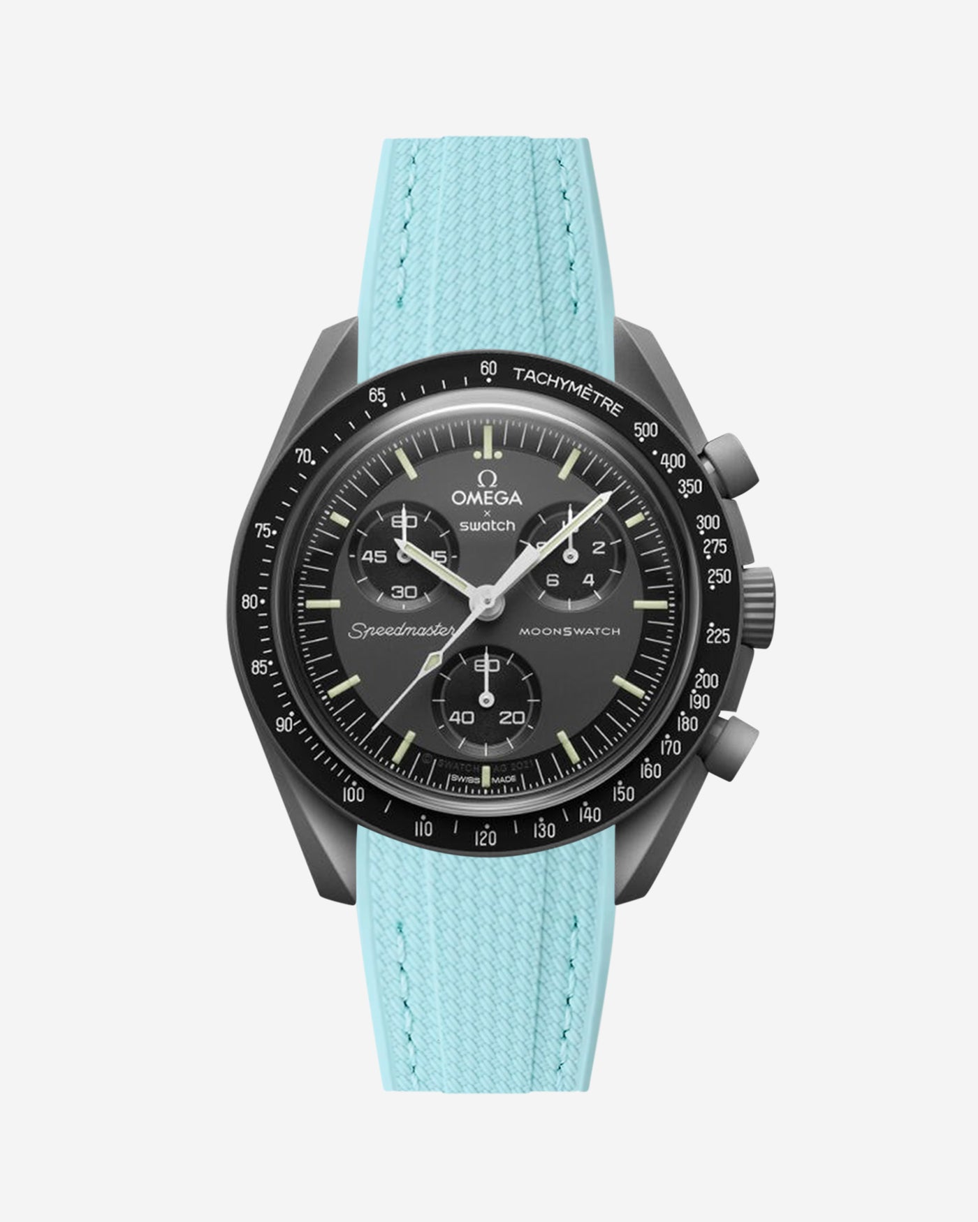 Black Omega  X Swatch Mercury  watch with detailed face on a white background