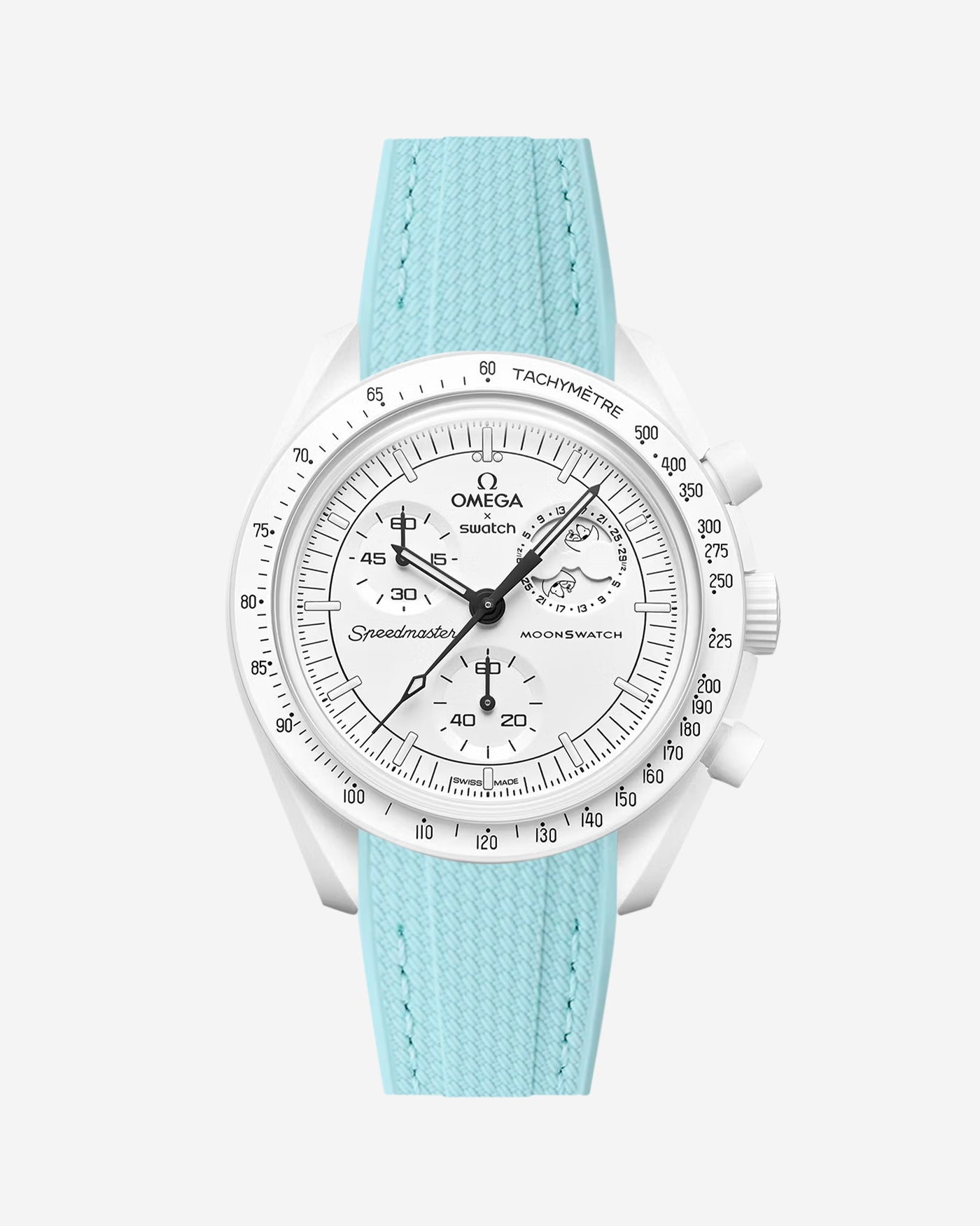 Omega X Swatch MoonSwatch Mission to the MoonPhase on a turqouise vertech rubber watch strap with a white background showcasing both the watch and the watch strap from Wristbuddys