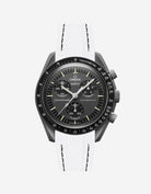 Black Omega  X Swatch Mercury  watch with detailed face on a white background