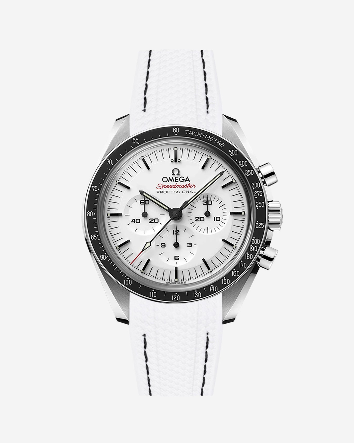 Omega Speedmaster watch with white and black stitches vertech rubbber watch strap from Wristbuddys and white dial on a white background