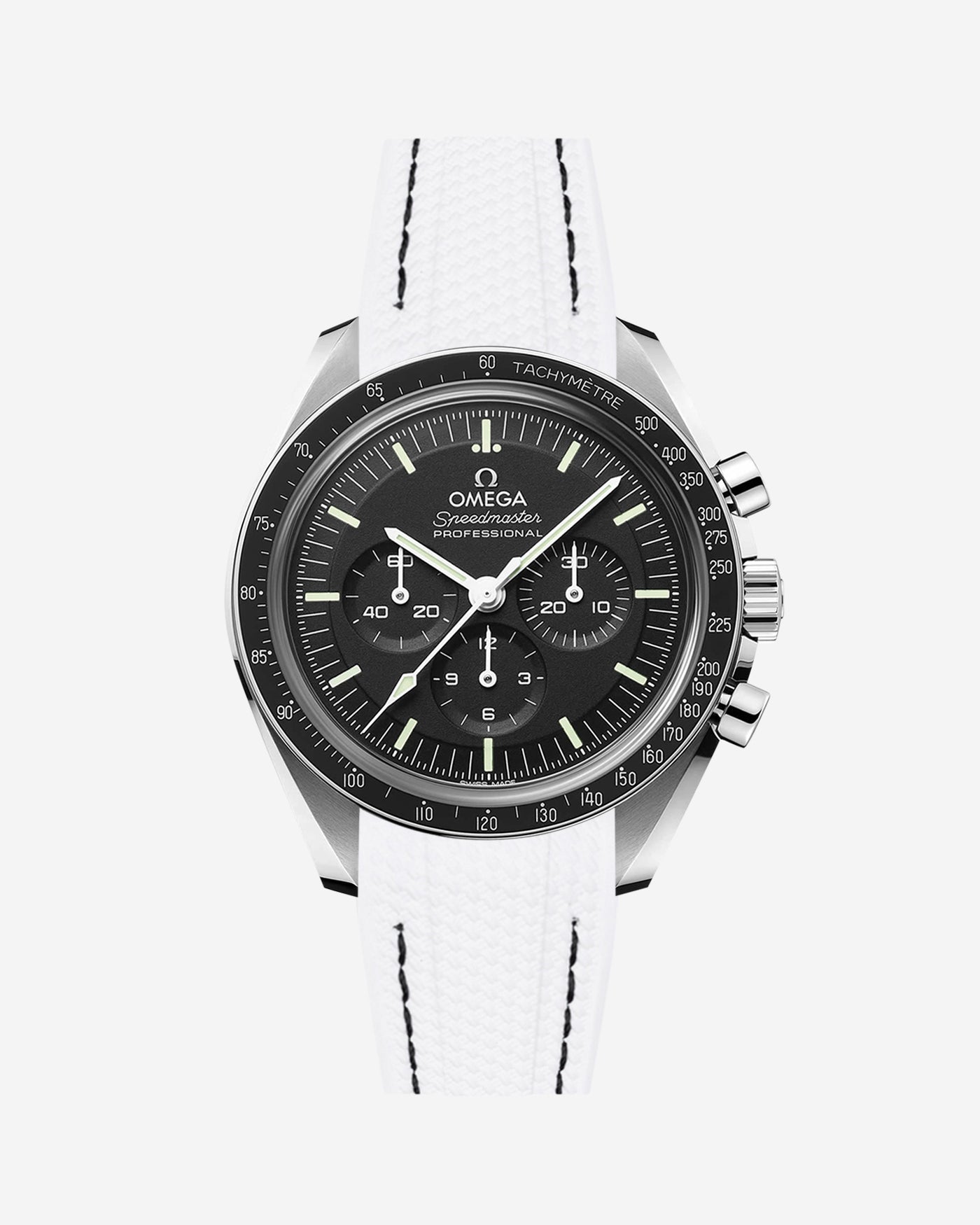 Black Omega Speedmaster watch with a white & black stitches vertech rubber watch strap from Wristbudyss and a detailed face on a white background