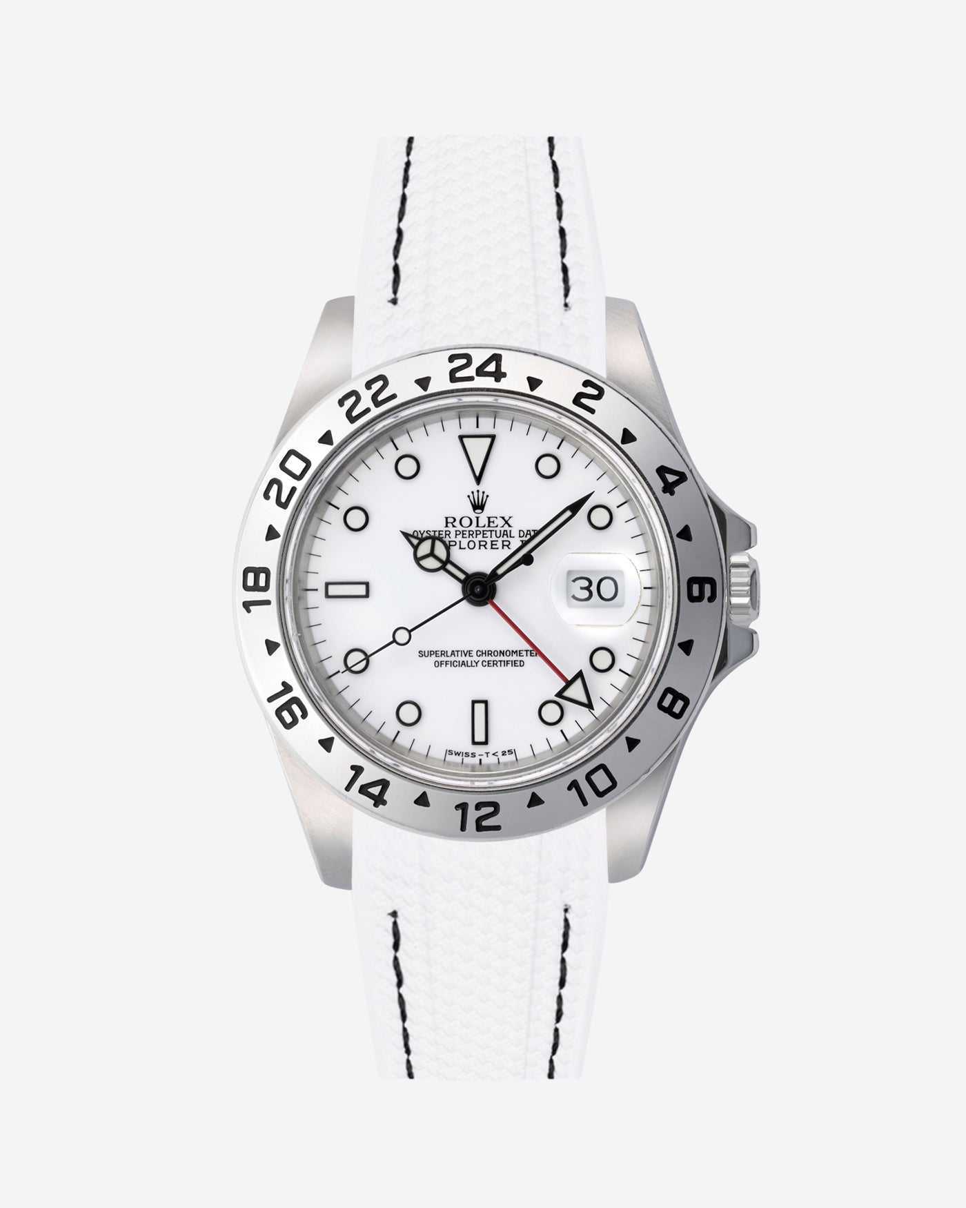 Rolex Explorer 16570 watch with white dial and on a white & Black stitches vertech rubber watch strap with gray background