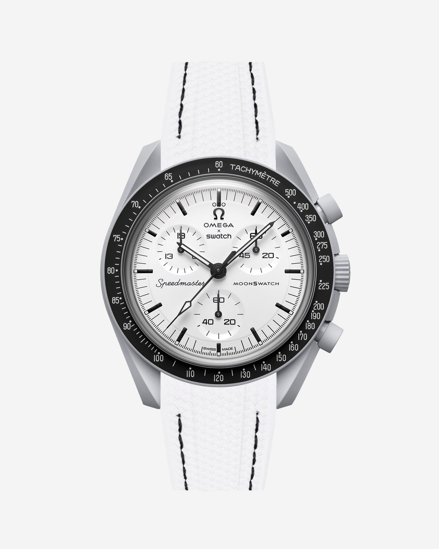 Omega X Swatch MoonSwatch 1965 watch with white strap and white face on a light gray background