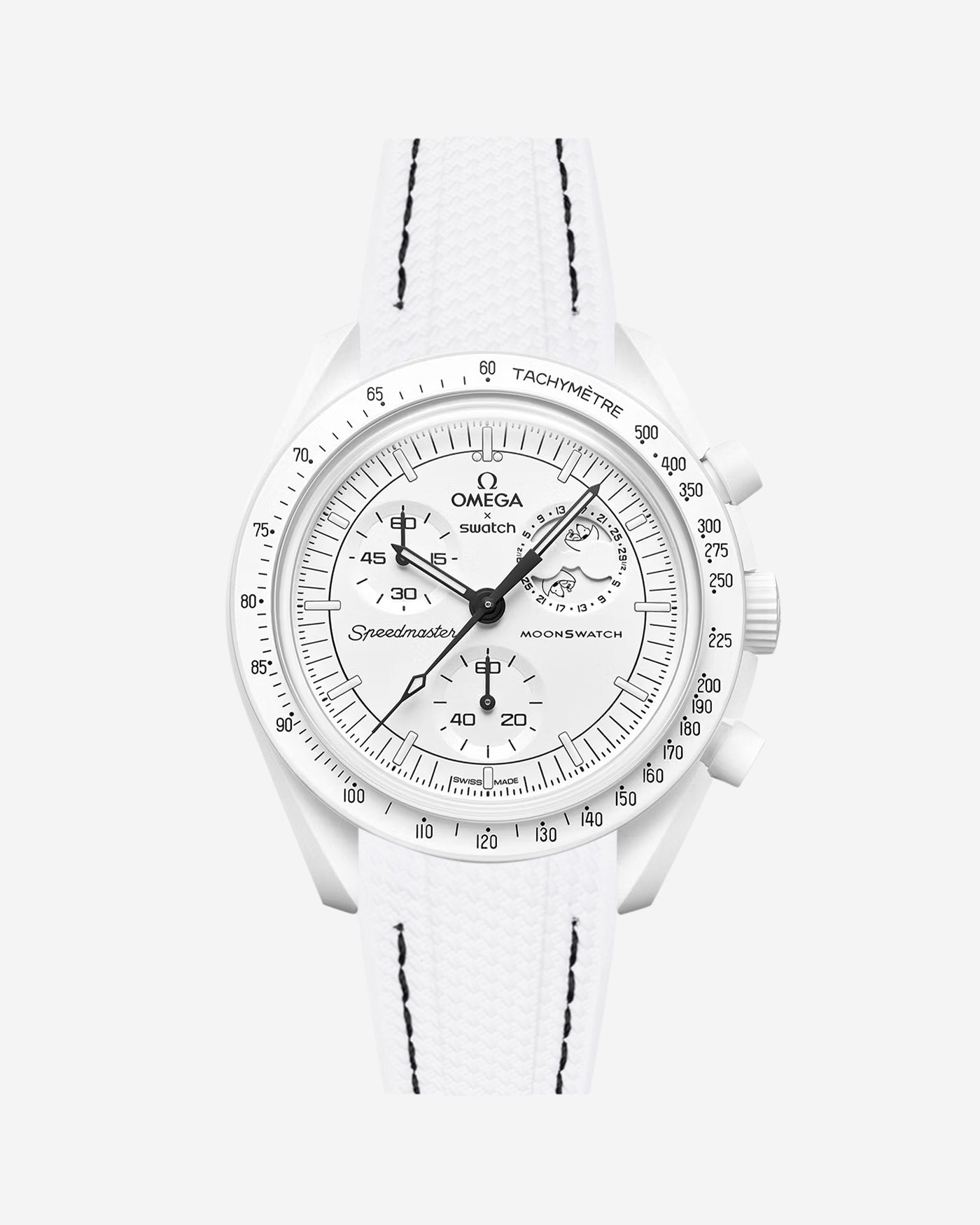 Omega X Swatch MoonSwatch Mission to the MoonPhase on a white vertech rubber watch strap with a white background showcasing both the watch and the watch strap from Wristbuddys