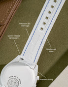 Vertech White rubber strap with blue stitches for MoonSwatch Mission to Neptune – showing quick-release, perfect fit and logo relief