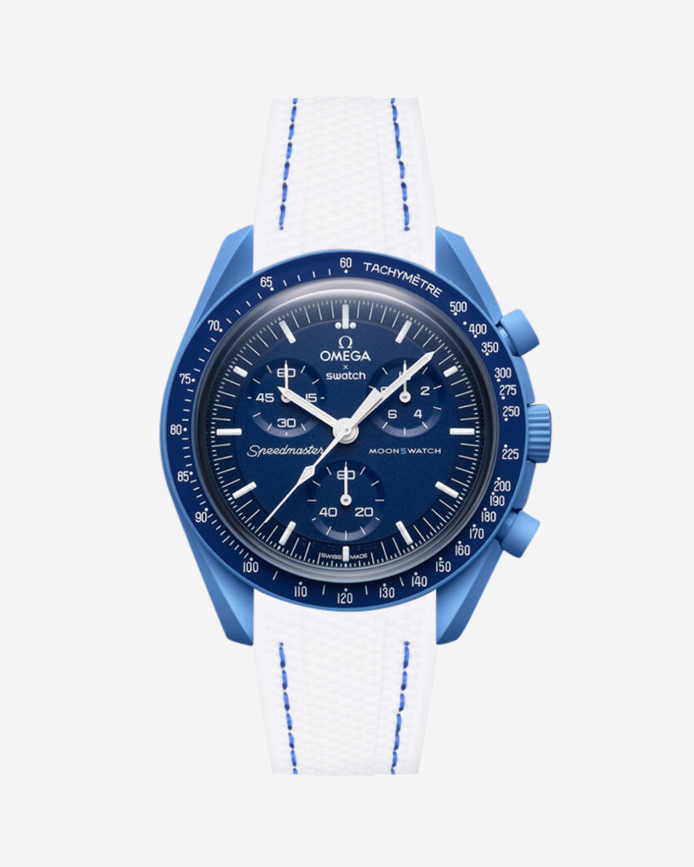 Omega X Swatch Neptune watch with a white & blue vertech rubber watch strap and detailed face on a white background