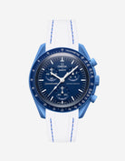 Omega X Swatch Neptune watch with a white & blue vertech rubber watch strap and detailed face on a white background