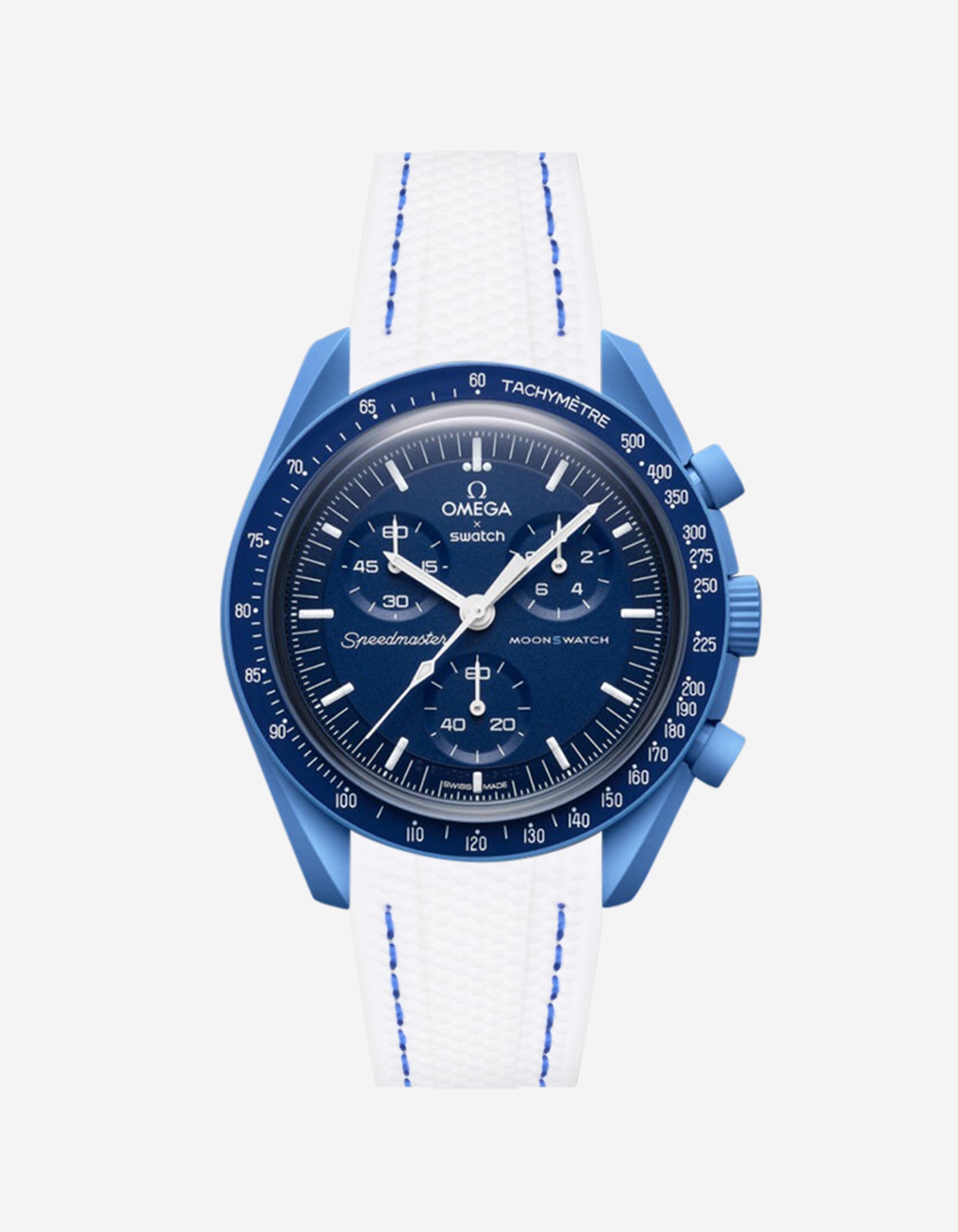 Omega X Swatch Neptune watch with a white & blue vertech rubber watch strap and detailed face on a white background