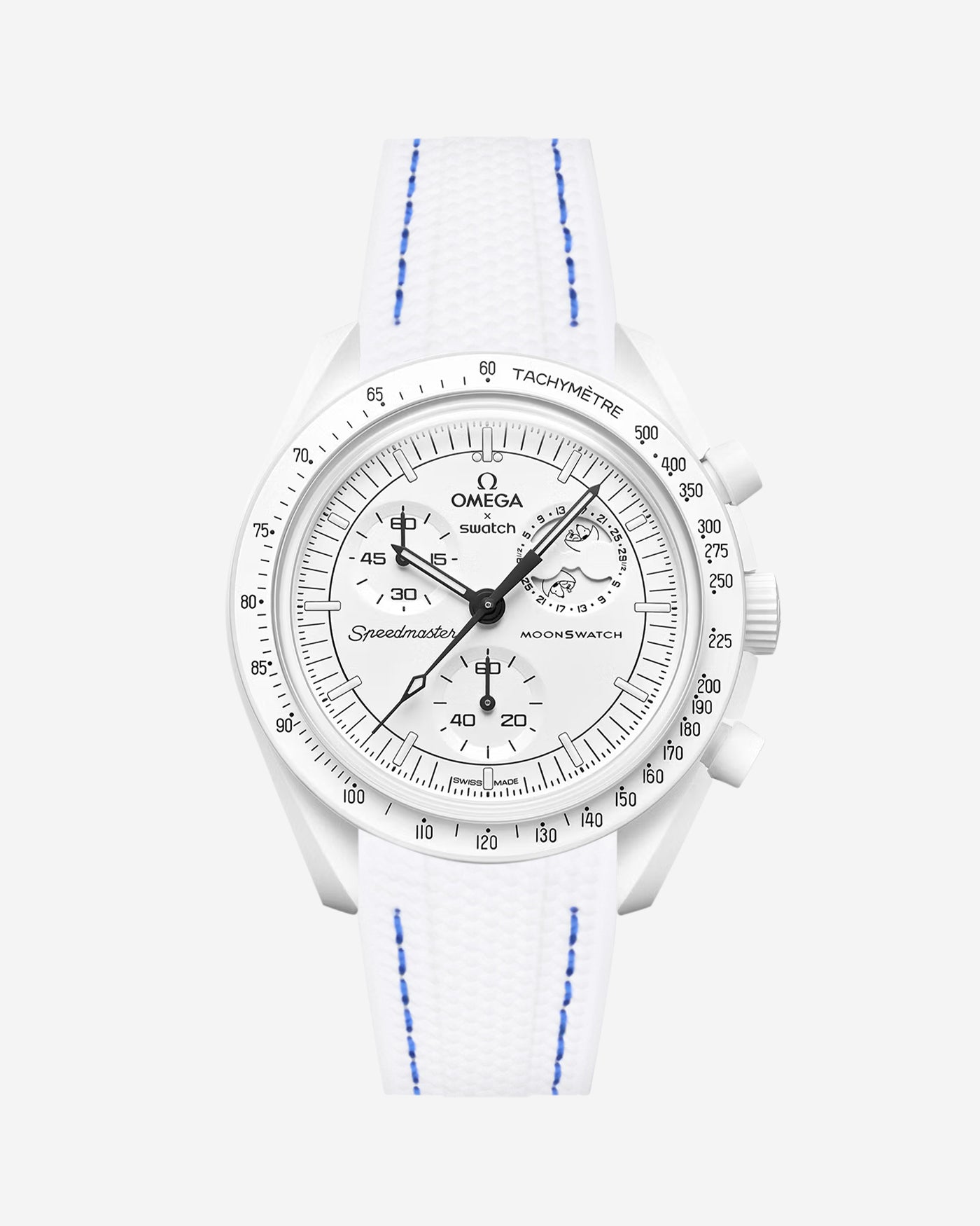 Omega X Swatch MoonSwatch Mission to the MoonPhase on a white & blue stitches vertech rubber watch strap with a white background showcasing both the watch and the watch strap from Wristbuddys