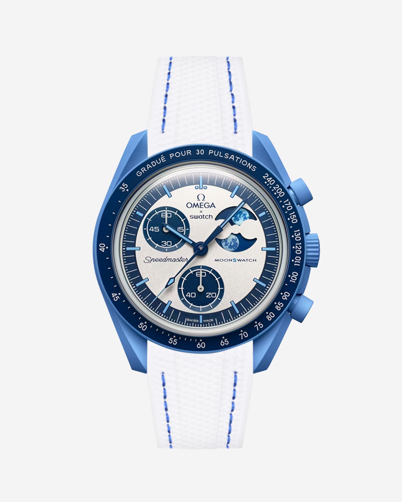 Blue Omega X Swatch MoonSwatch Mission to the Super Blue Moonphase with a white & blue stitches vertech rubber watch strap and a with detailed face on a white background