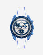 Blue Omega X Swatch MoonSwatch Mission to the Super Blue Moonphase with a white & blue stitches vertech rubber watch strap and a with detailed face on a white background