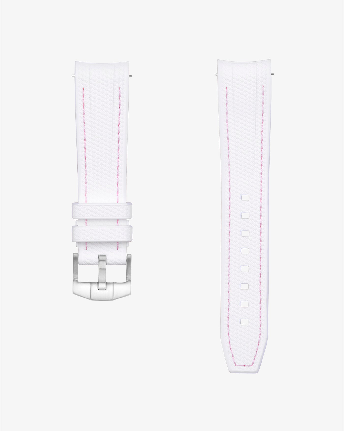 White vertech rubber watch strap with pink stitches on a light gray background
