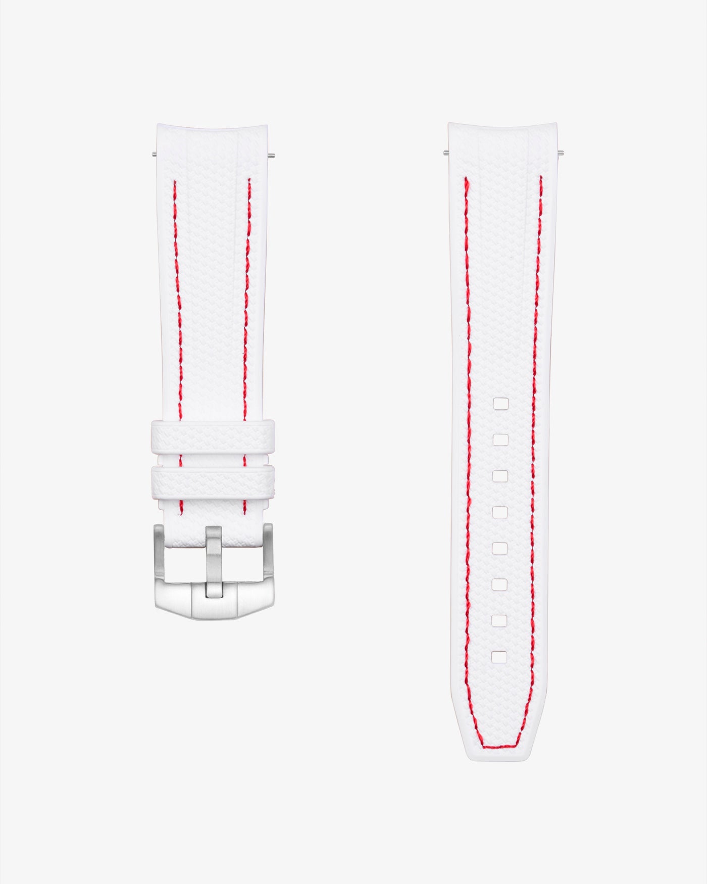 White vertech rubber watch strap with red stitching  Omega Speedmaster on a white background