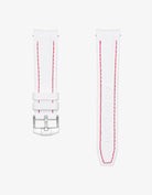 White vertech rubber watch strap with red stitching  Omega Speedmaster on a white background
