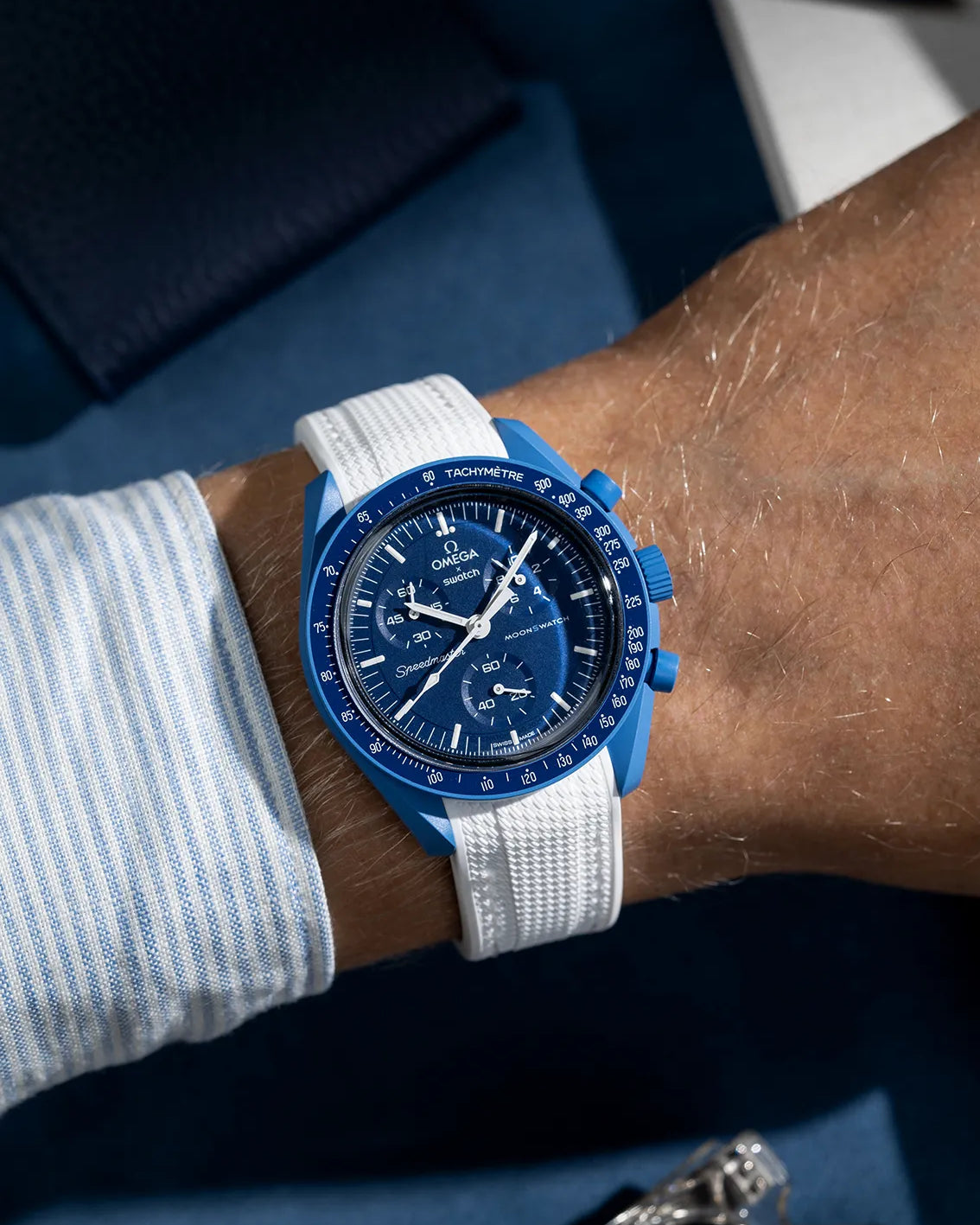 White Vertech rubber strap for Omega MoonSwatch, shown on the Mission to Neptune model in a wrist shot