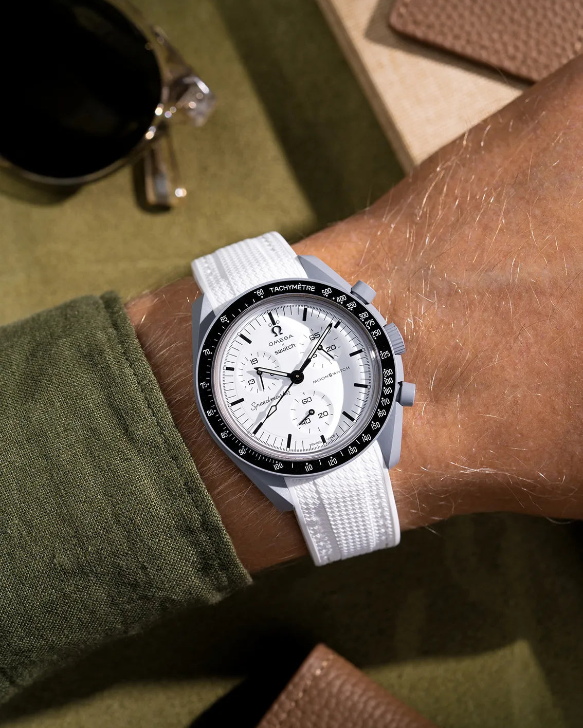 White Vertech rubber strap for Omega X Swatch MoonSwatch, photographed on the MoonSwatch Mission to 1965