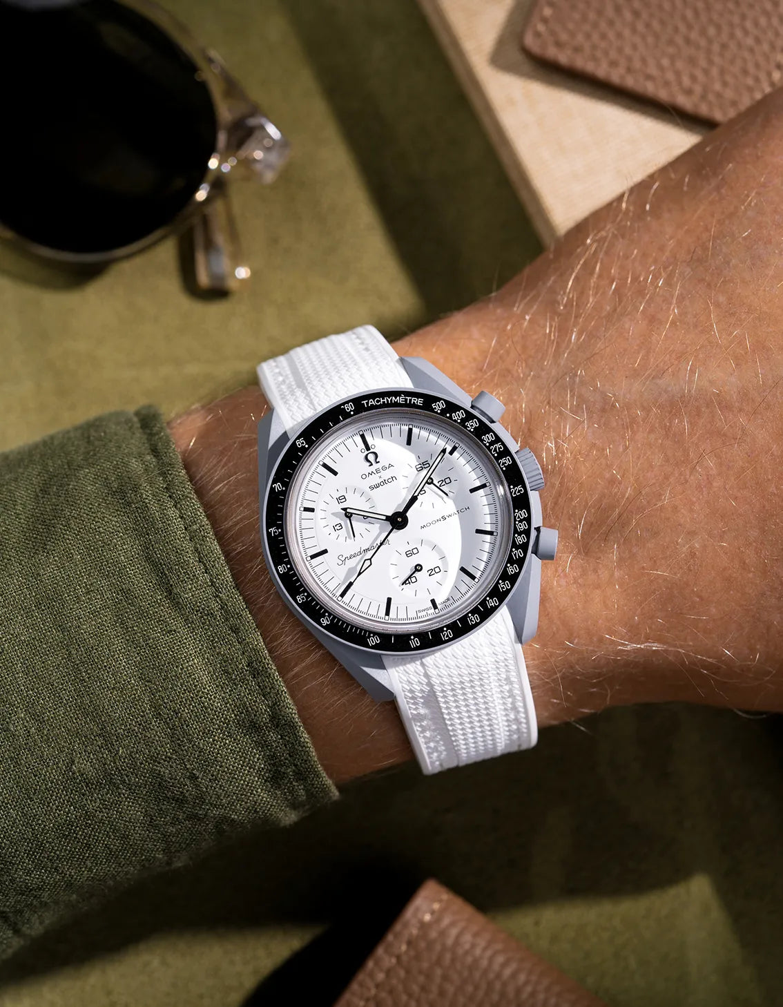 White Vertech rubber strap for Omega X Swatch MoonSwatch, photographed on the MoonSwatch Mission to 1965