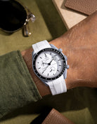 White Vertech rubber strap for Omega X Swatch MoonSwatch, photographed on the MoonSwatch Mission to 1965