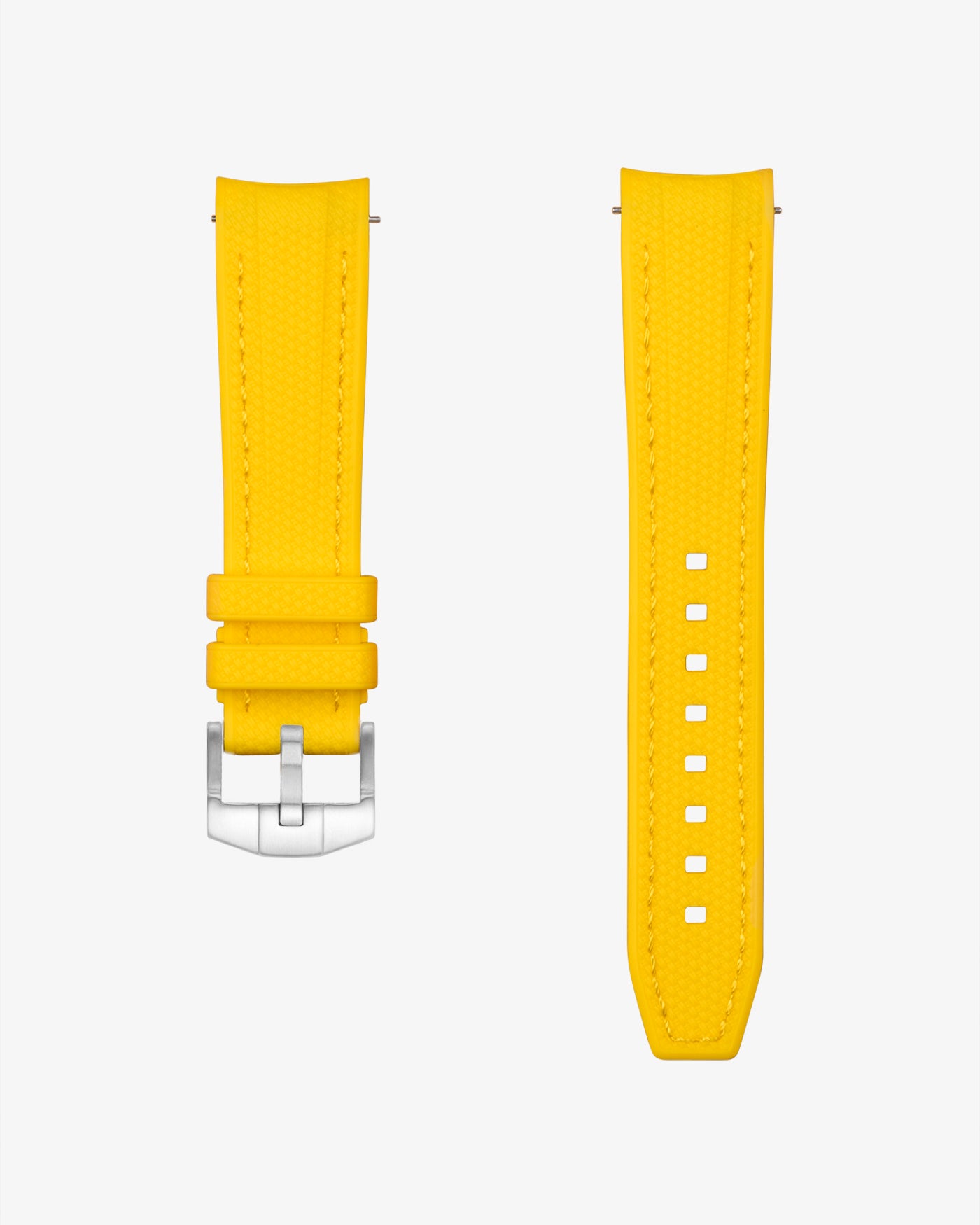 Yellow vertech rubber watch strap with silver clasp on a white background