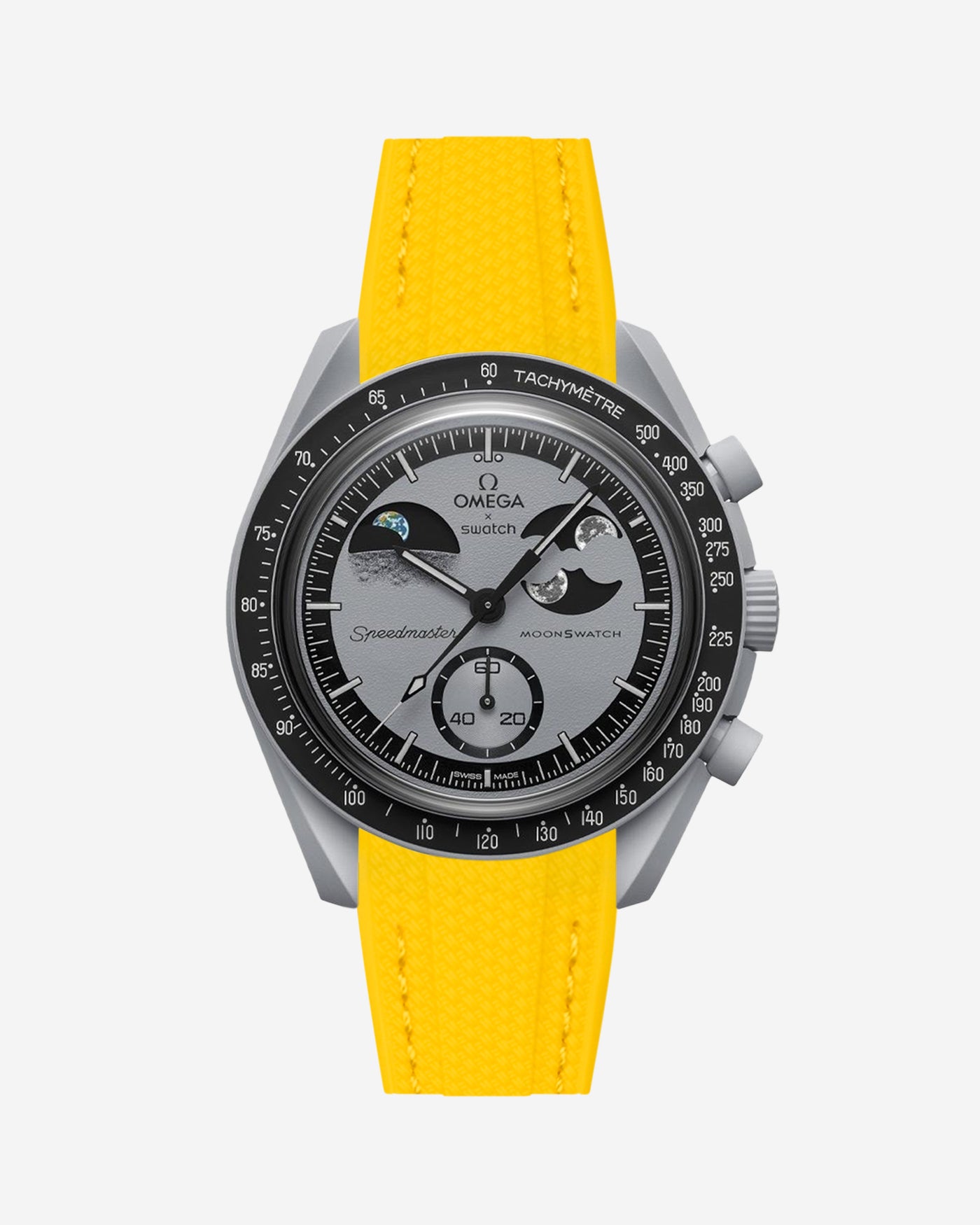 Watch with yellow strap and gray case on white background