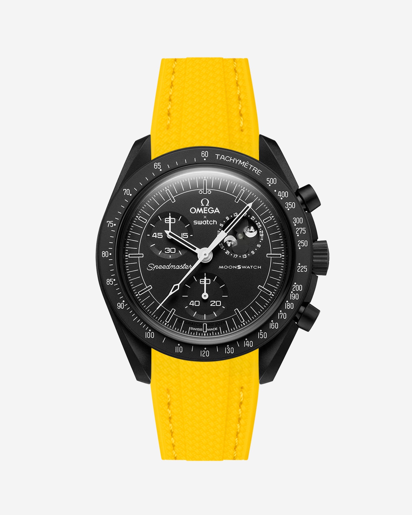 Black Omega X Swatch MoonSwatch Mission to The Moonphase - New Moon with a yellow vertech rubber watch strap and a with detailed face on a white background