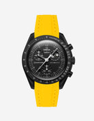 Black Omega X Swatch MoonSwatch Mission to The Moonphase - New Moon with a yellow vertech rubber watch strap and a with detailed face on a white background