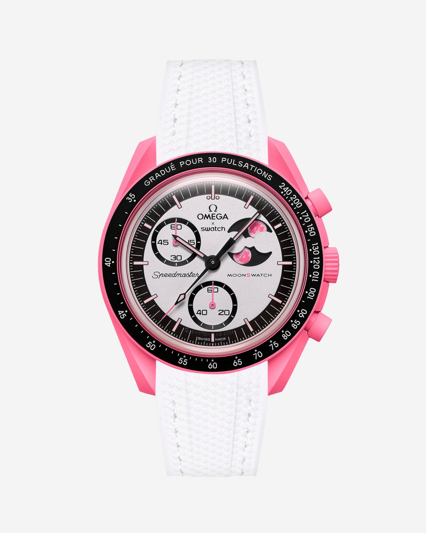 Pink and black watch with detailed face on a white background