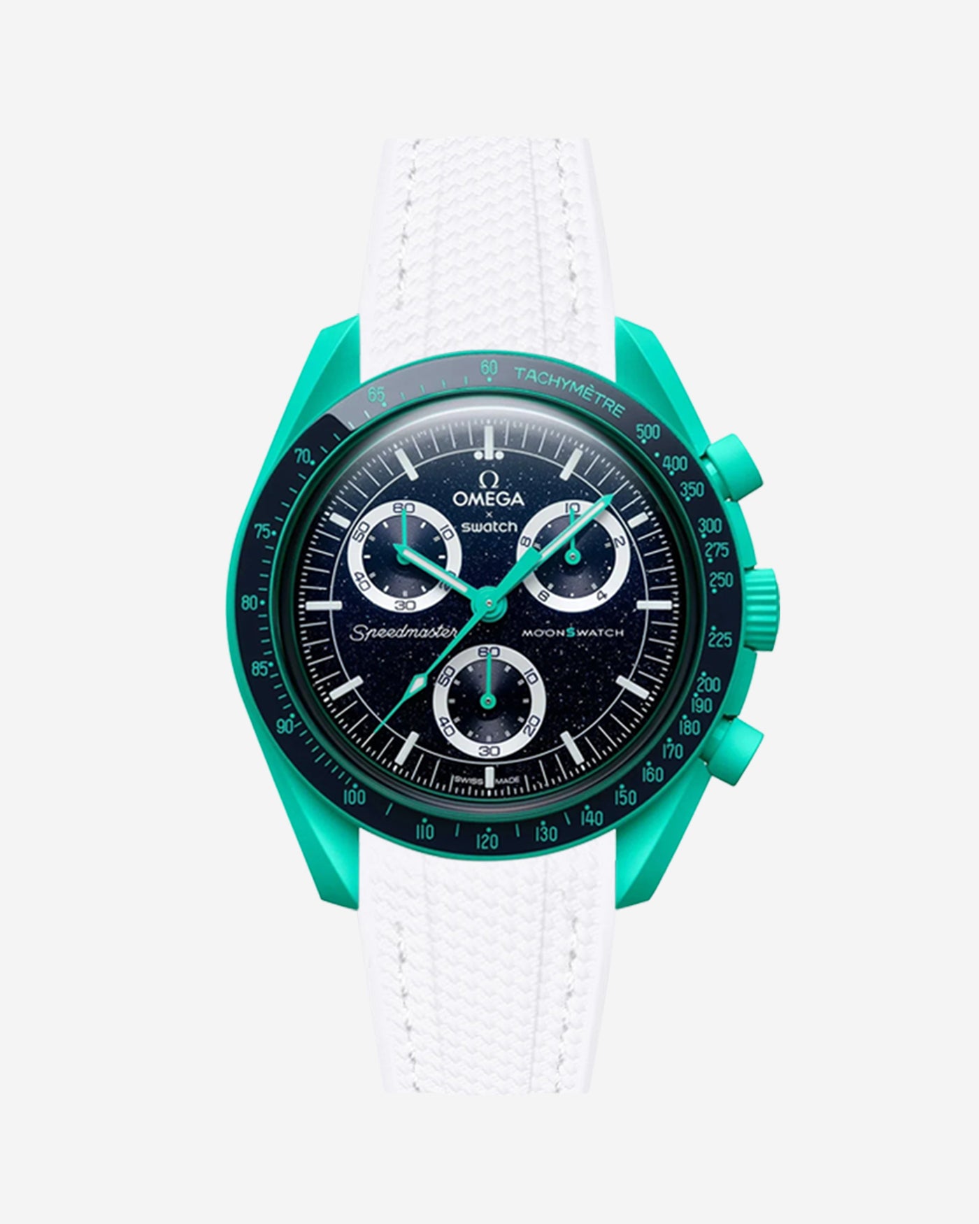 Omega X Swatch watch with white strap and green bezel on a white background