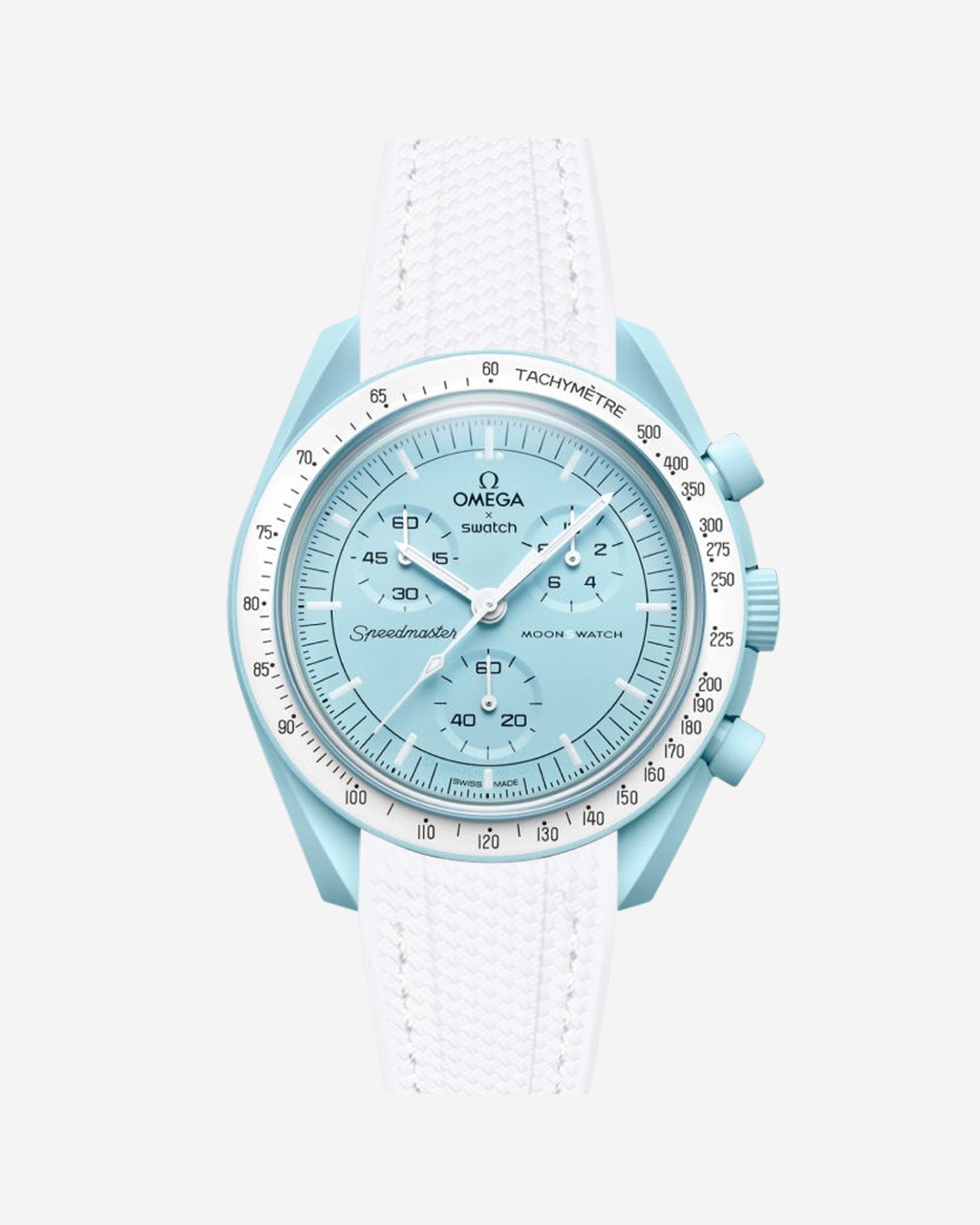 Omega X Swatch MoonSwatch Uranus watch with blue face and white strap on a light gray background