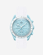 Omega X Swatch MoonSwatch Uranus watch with blue face and white strap on a light gray background