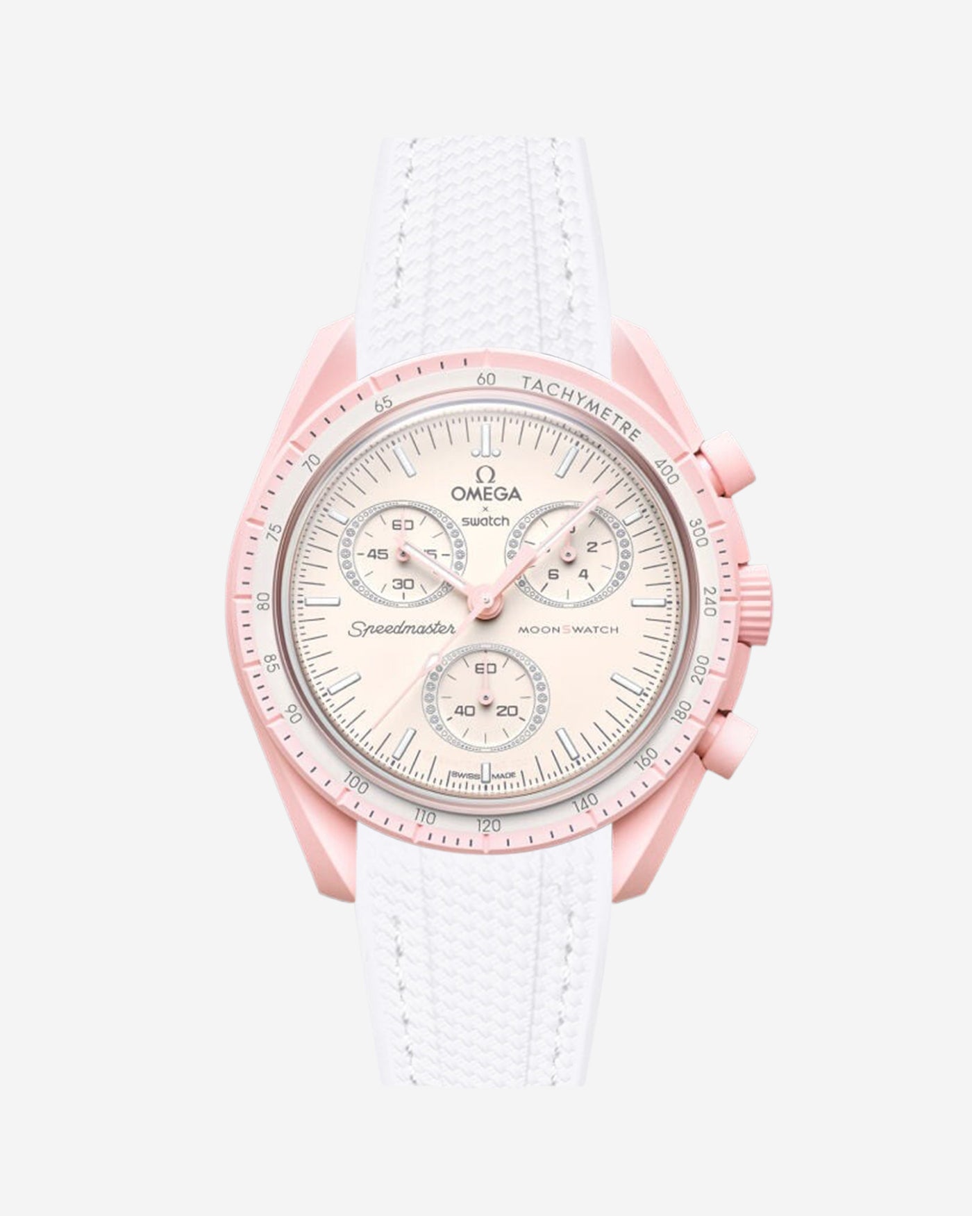 Omega X Swatch MoonSwatch Venus watch with a detailed face on a white background