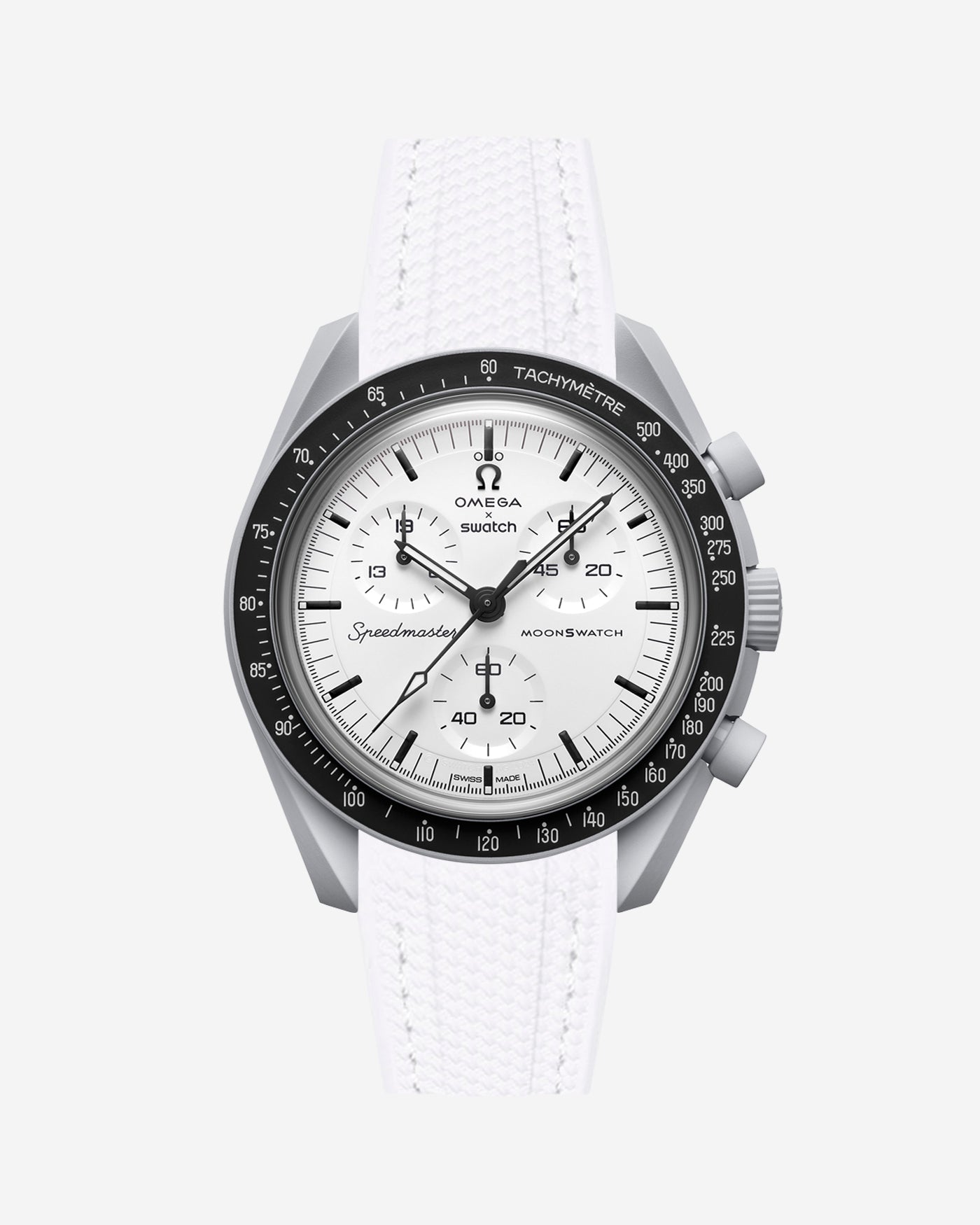 Omega X Swatch MoonSwatch 1965 watch with white strap and white face on a light gray background