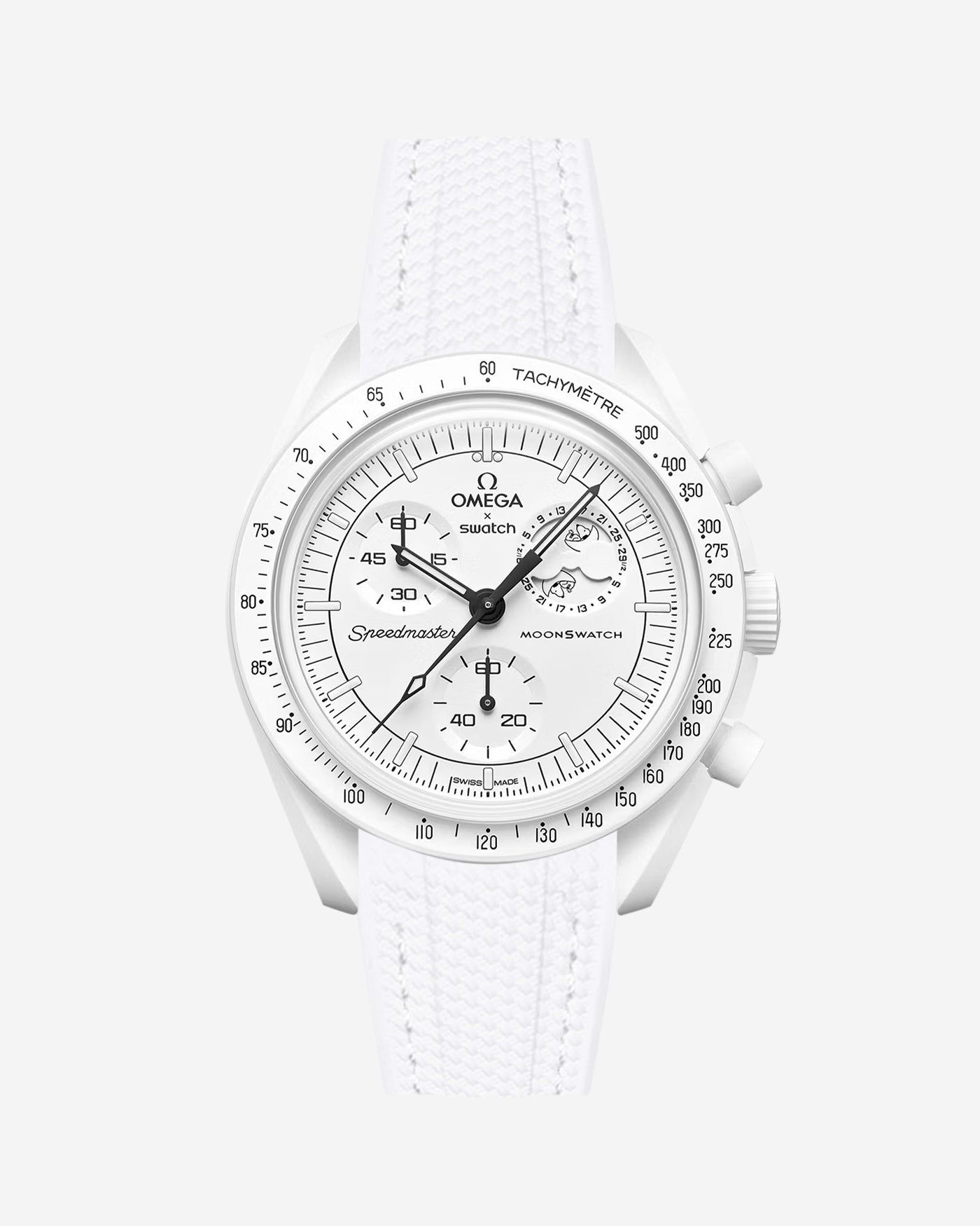 Omega X Swatch MoonSwatch Mission to the MoonPhase on a full white vertech rubber watch strap with a white background showcasing both the watch and the watch strap from Wristbuddys